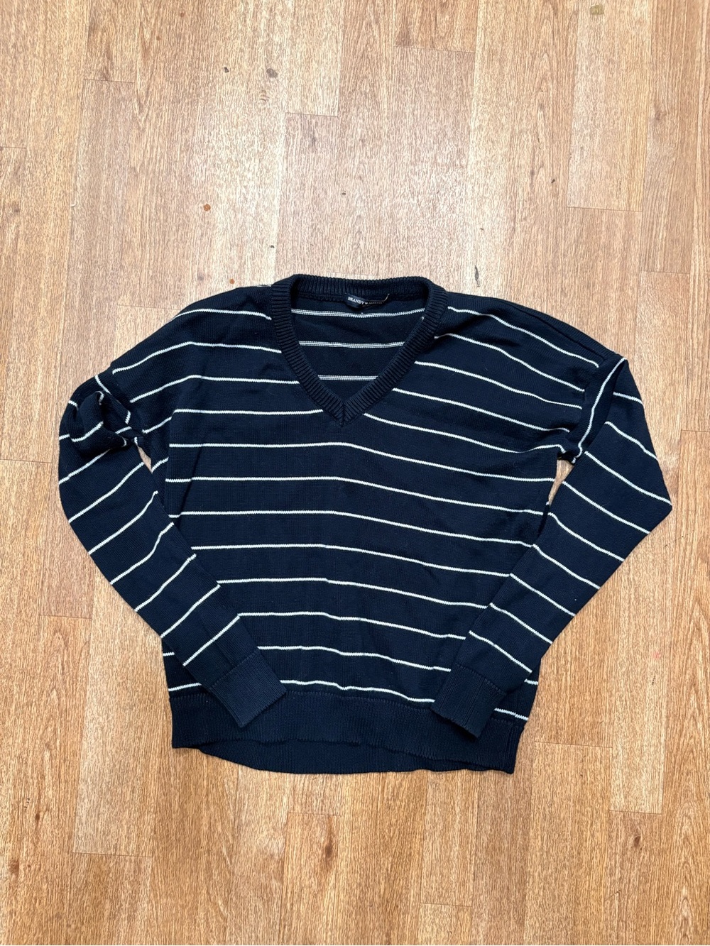 Brandy Melville Navy Blue V-Neck Striped Sweater